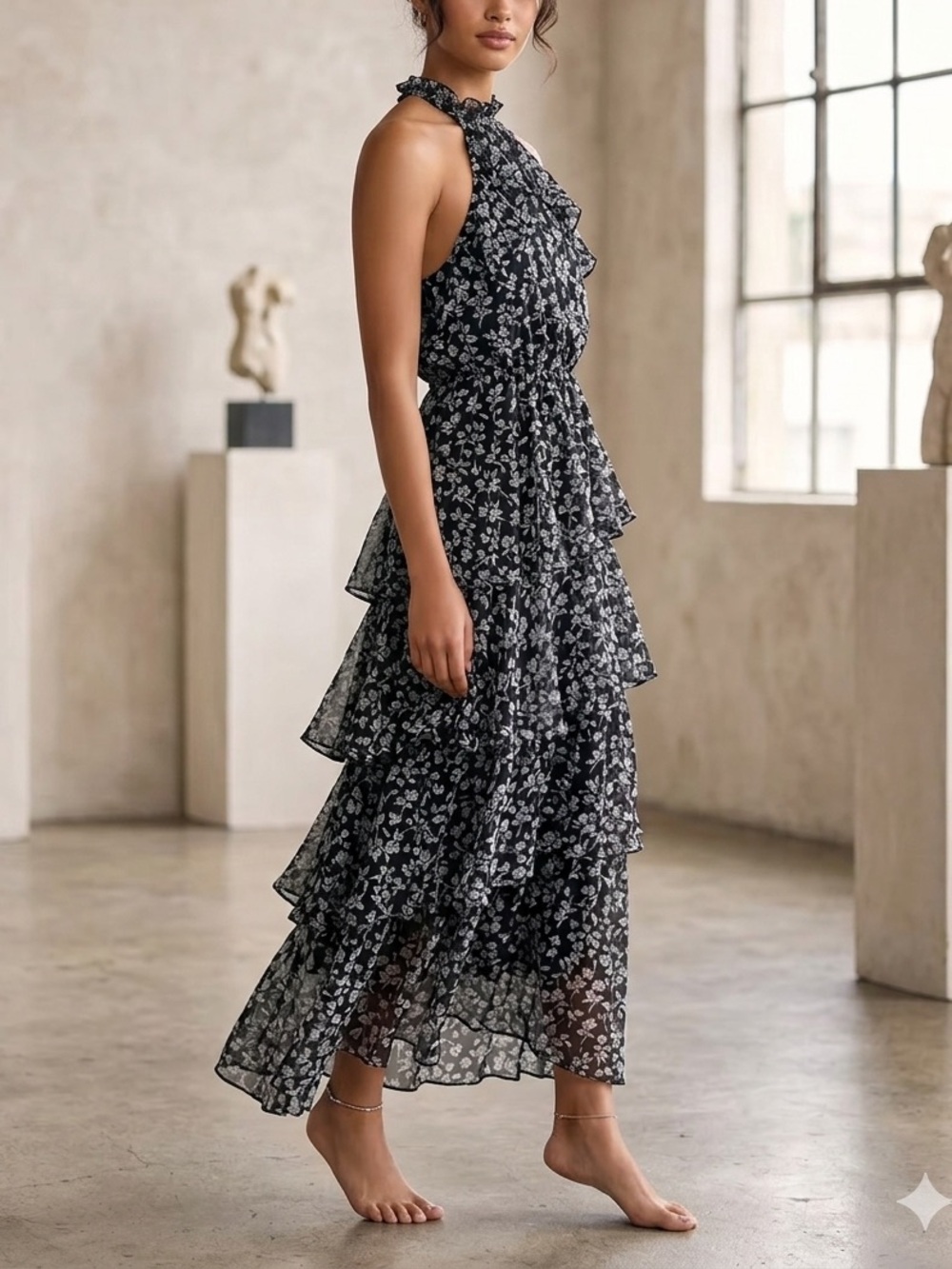 Express Floral Ruffle Halter Midi Dress Black White Pleated Chiffon❤️
